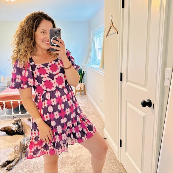 Banjanan Dresses & Skirts - Banjanan Pink Purple Block Printed Ikat Cotton Square Neck Mini Dress Small